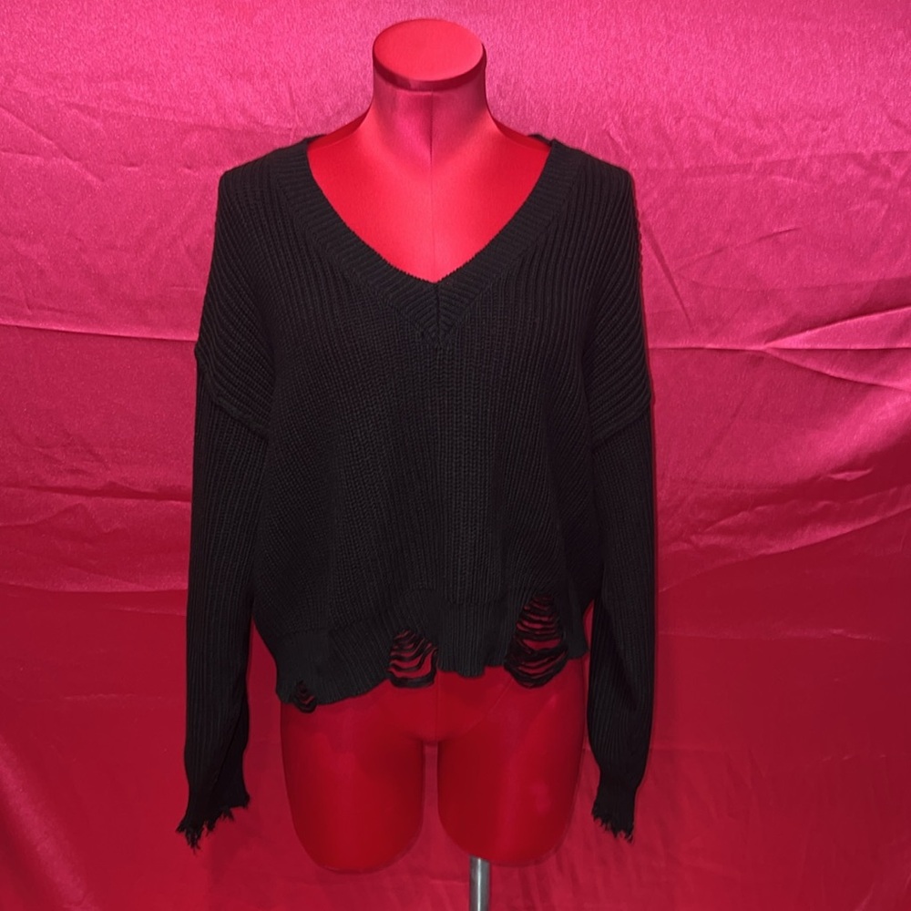 Black V-neck Distressed Sweater!